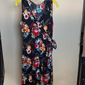 Aqua Blues Vintage Y2K Black Floral Sleeveless Faux Wrap Midi Dress